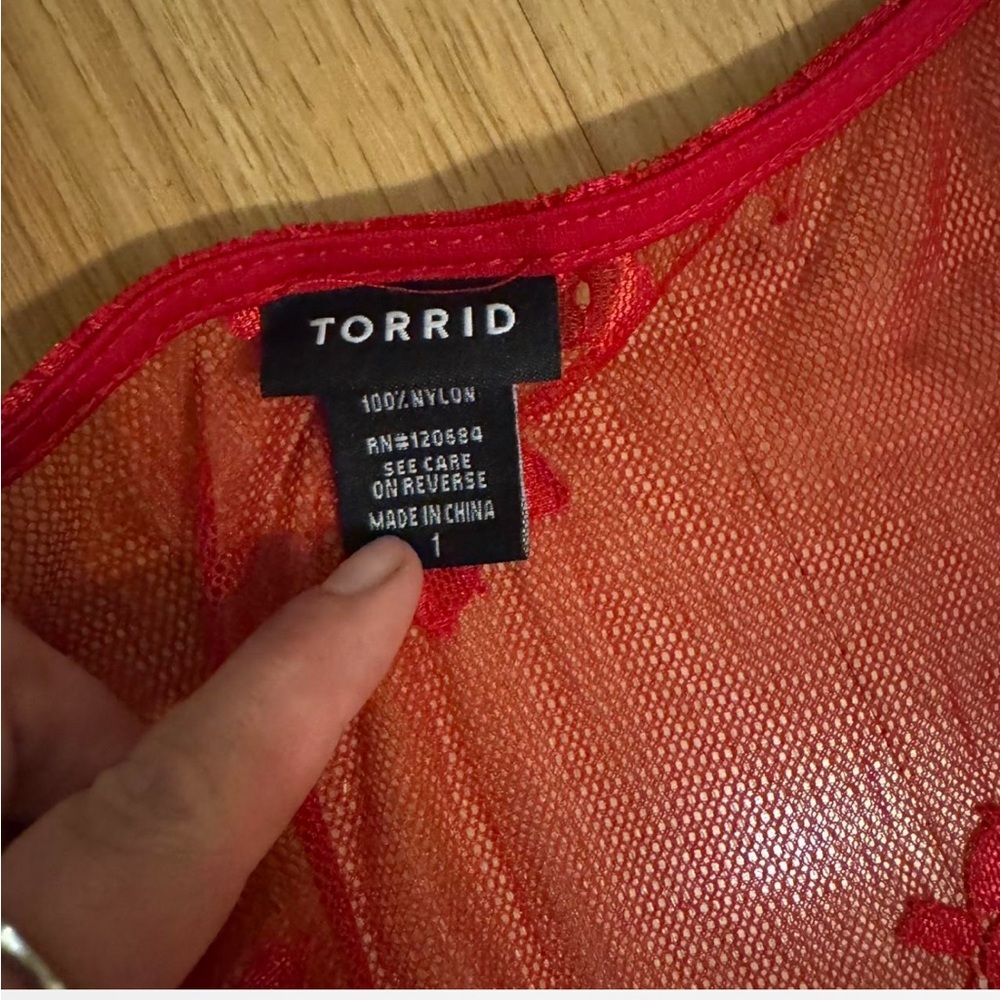 Torrid Red Lace Short Sleeve Babydoll Sheer Blouse - Picture 4 of 6